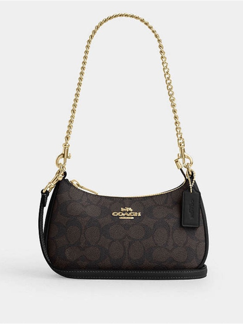 Coach Brown Signature Canvas Mini Shoulder Bag with Gold Chain